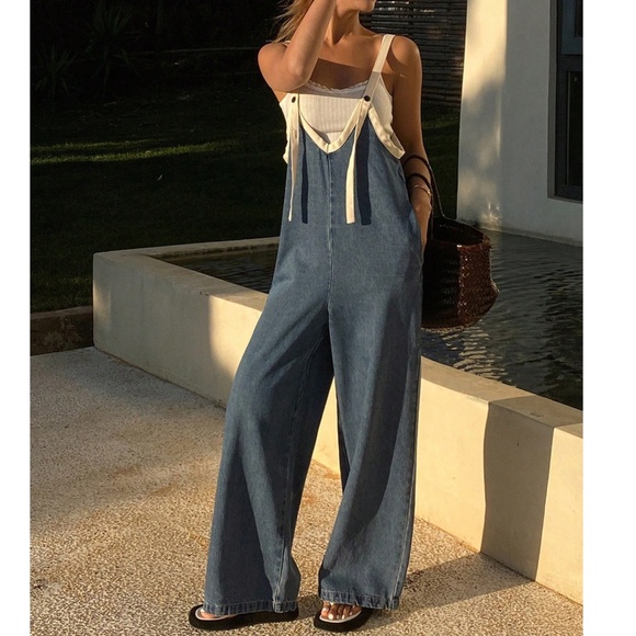 Dark Wash Pockets Straight leg Denim Jeans Bib Overalls - Picture 5 of 6